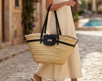 Straw Basket Bag with Leather Straps, French Market Basket, Handmade Moroccan Palm Tote, Boho Beach Bag, Summer Raffia Tote, Gift for Her