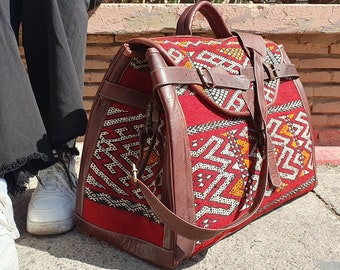 Extra large kilim travel bag, Carpet duffle bag, vintage carpet bags, Vintage Leather weekender Handmade Travel Bag Bridesmaid Gift for Her