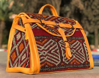 Discover Unique Style Large Kilim Travel Bag, Carpet Leather Weekend Bag, Boho Carpet Bag, Rug Duffel Bags, Vintage Carpet leather Bags