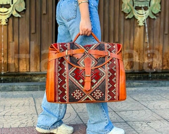 kilim travel bag, Carpet Leather Weekend Bag, briefcase kilim duffel bag, boho carpet bag, rug duffel bags, Vintage Carpet bags