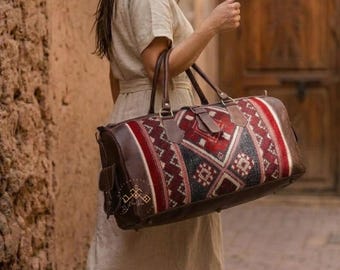 Handmade Moroccan Kilim Leather Travel Bag, Large Boho Weekender Duffel Bag, Carry On Overnight Bag, Carpet Leather Luggage