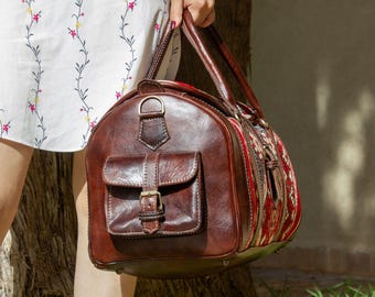 Personalized Leather Duffel Bag, Moroccan Carpet Weekender Bag, Handmade Carry On Travel Bag, Gift for Women & Men