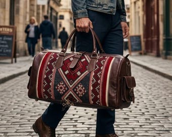 Moroccan Kilim Travel Bag, Handmade Leather Weekender Duffel, Boho Carry On Bag, Tribal Carpet Overnight Bag, Large Travel Luggage Gift