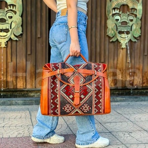 kilim travel bag, Carpet Leather Weekend Bag, briefcase kilim duffel bag, boho carpet bag, rug duffel bags, Vintage Carpet bags havan