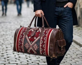 Handmade Kilim Leather Travel Bag, Large Boho Weekender Duffel Bag, Carry On Overnight Bag, Carpet Leather Luggage, Gift