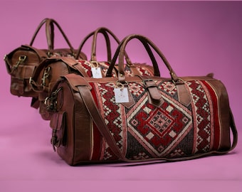 Carpet leather Weekend duffel bag for women & men, Kilim Weekender Bag, Boho leather Weekend Bag, kilim leather travel bag, Kilim Travel Bag