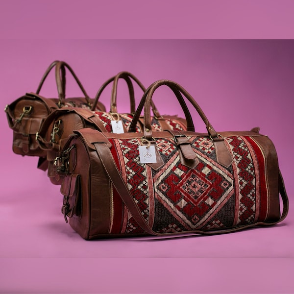 Carpet leather Weekend duffel bag for women & men, Kilim Weekender Bag, Boho leather Weekend Bag, kilim leather travel bag, Kilim Travel Bag