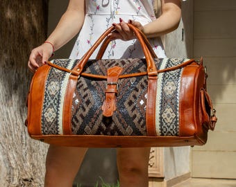 Personalized Leather Duffel Bag, Kilim Carpet Travel Bag, Kilim Travel Bag, Handmade Weekender Carry On Bag, Gift for Women & Men