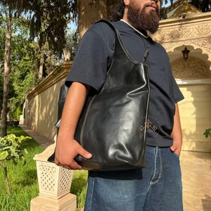 Black Large leather slouchy bag, Oversized Brown leather hobo bag with zipper, Everyday Practical Leather Tote Bag Unisex Large Shoulder Bag