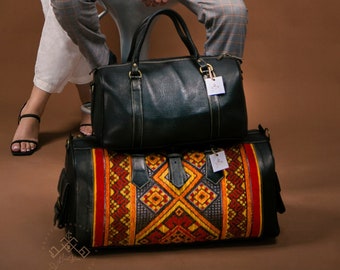 Set of kilim travel bag for women and men, Carpet leather Weekend duffel bag for women & men, Weekender Oversized Style Genuine Full Grain