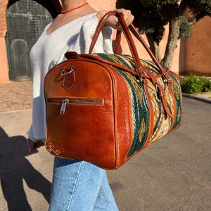 Moroccan Handcrafted brown leather travel Bags with green Carpet for Women and men, gift for her, gift for him