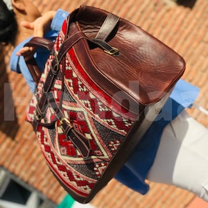 Personalized kilim travel bag, Carpet Leather Weekend Bag, briefcase kilim duffel bag, boho carpet bag, rug duffel bags, Vintage Carpet bags Brown darker