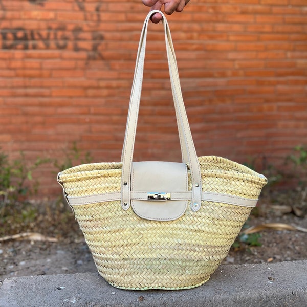 handmade large straw french baskets with leather straps, straw basket bag with leather handles, woven palm leaves basket with black handle