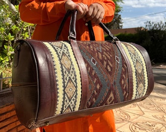 Moroccan kilm Travel Bag, Carpet Leather Duffel Bag, western duffel bag, Handmade Travel weekend bag, Overnight rug Bag, gift for her