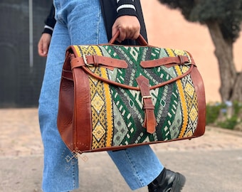 Personalized kilim travel bag, Green Carpet Leather Weekend Bag, briefcase kilim duffel bag, boho carpet bag, Carpet bags, gift for her