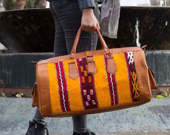 Moroccan Handcrafted Kilim Weekender Leather Bag for Women | Vintage Artistry in Orange Carpet | Handmade Travel Elegance | Gift for Her