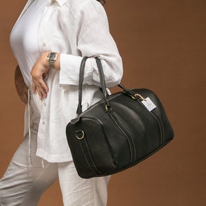 Black leather duffle bag women's, mens leather duffle bag vintage, small travel bag, full grain leather bag, weekender bag, Gift for Her image 1