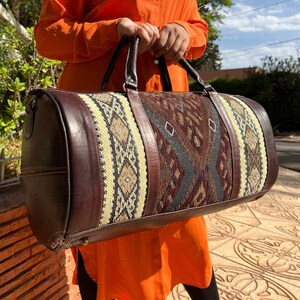 Moroccan kilm Travel Bag, Carpet Leather Duffel Bag, western duffel bag, Handmade Travel weekend bag, Overnight rug Bag, gift for her image 2