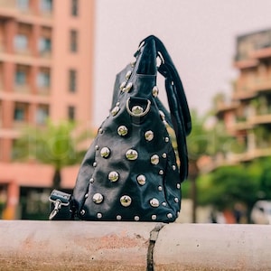 Polka dot Studded leather tote bag, polka dot leather shoulder bag, black silver studded bag, Studded leather handbag, luxurious tote bag. image 1