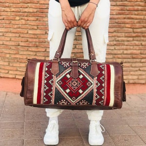 Kilim duffle travel bag, Moroccan Leather Kilim duffle Bag, Unisex Kilim Weekender Bag, Carpet leather Weekend duffel bag for women & men brown darker