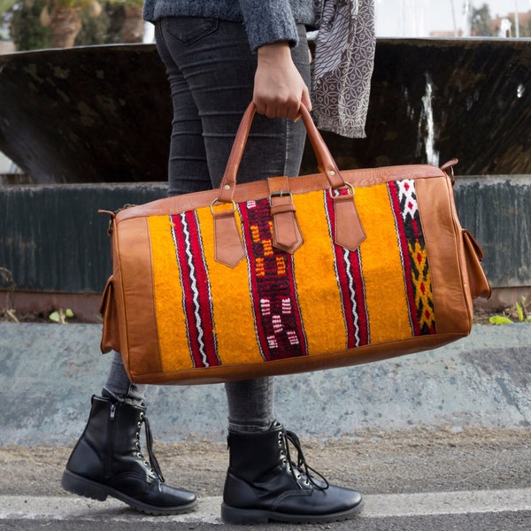 Moroccan Handcrafted Kilim Weekender Leather Bag for Women | Vintage Artistry in Orange Carpet | Handmade Travel Elegance | Gift for Her