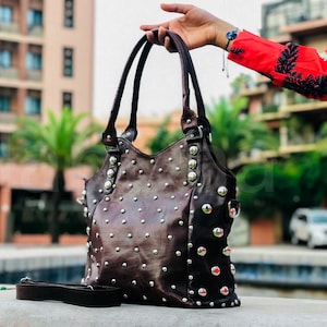 Polka dot Studded leather tote bag, polka dot leather shoulder bag, black silver studded bag, Studded leather handbag, luxurious tote bag. brown darker