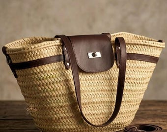 Brown Large Straw Basket Bag with Leather Straps, French Market Basket, Moroccan Palm Tote, Boho Beach Bag, Summer Raffia Tote, Gift for Her