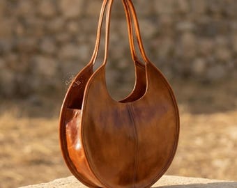 Round Leather Shoulder Bag Women, Large Circle Leather Bag, Oversized Brown Leather Purse, Minimalist Boho Shoulder Bag,Gift for her