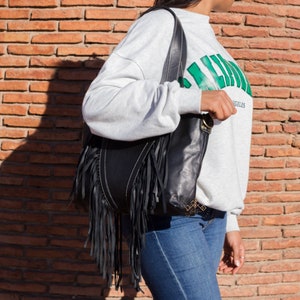 Black leather fringe bag, Fringe crossbody leather tote bag, Leather Fringe bags, leather handbag with fringe, cowgirl fringe leather bag.