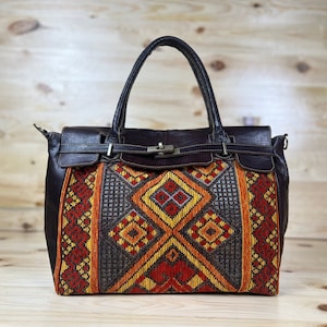 women kilim tote bag, moroccan carpet leather handbag, kilim travel handbag, kilim design red tote bag, carpet shoulder bag, Gift for her Brown darker