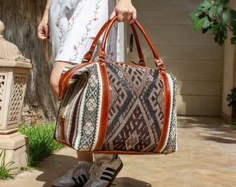 Personalized Leather Duffel Bag, Moroccan Carpet Travel Bag, Weekender Carry On Bag, Handmade Overnight Bag, Gift for Women & Men