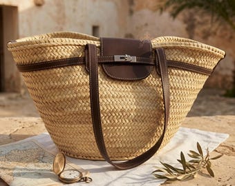 Large Straw Basket Bag Brown Leather Straps, French Market Tote, Handmade Moroccan Beach Bag, Boho Summer Raffia Bag, Gift for Women
