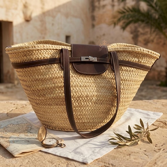 Large Straw Basket Bag Brown Leather Straps, French Market  display picture 2