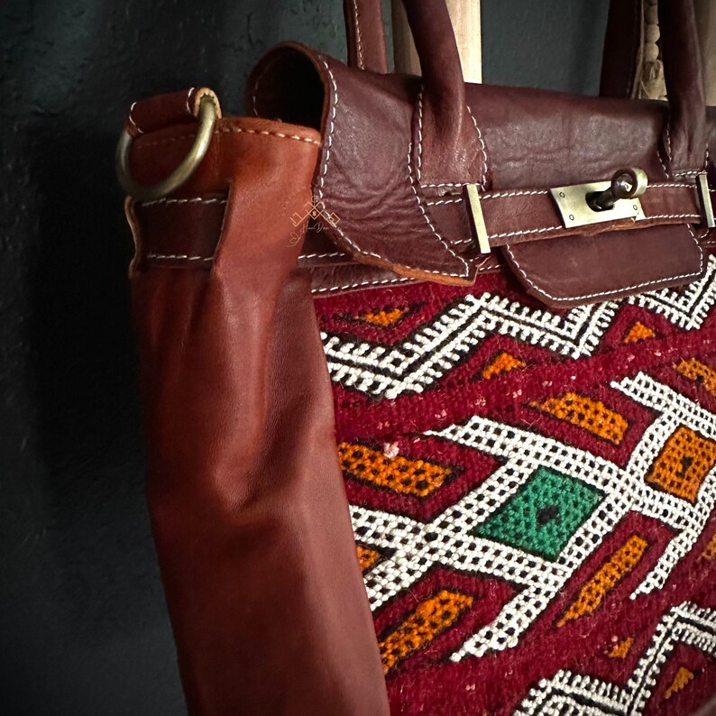 moroccan vintage style red kilim tote bag, women leather handbag, kilim travel handbag, kilim design red tote bag carpet shoulder bag image 9