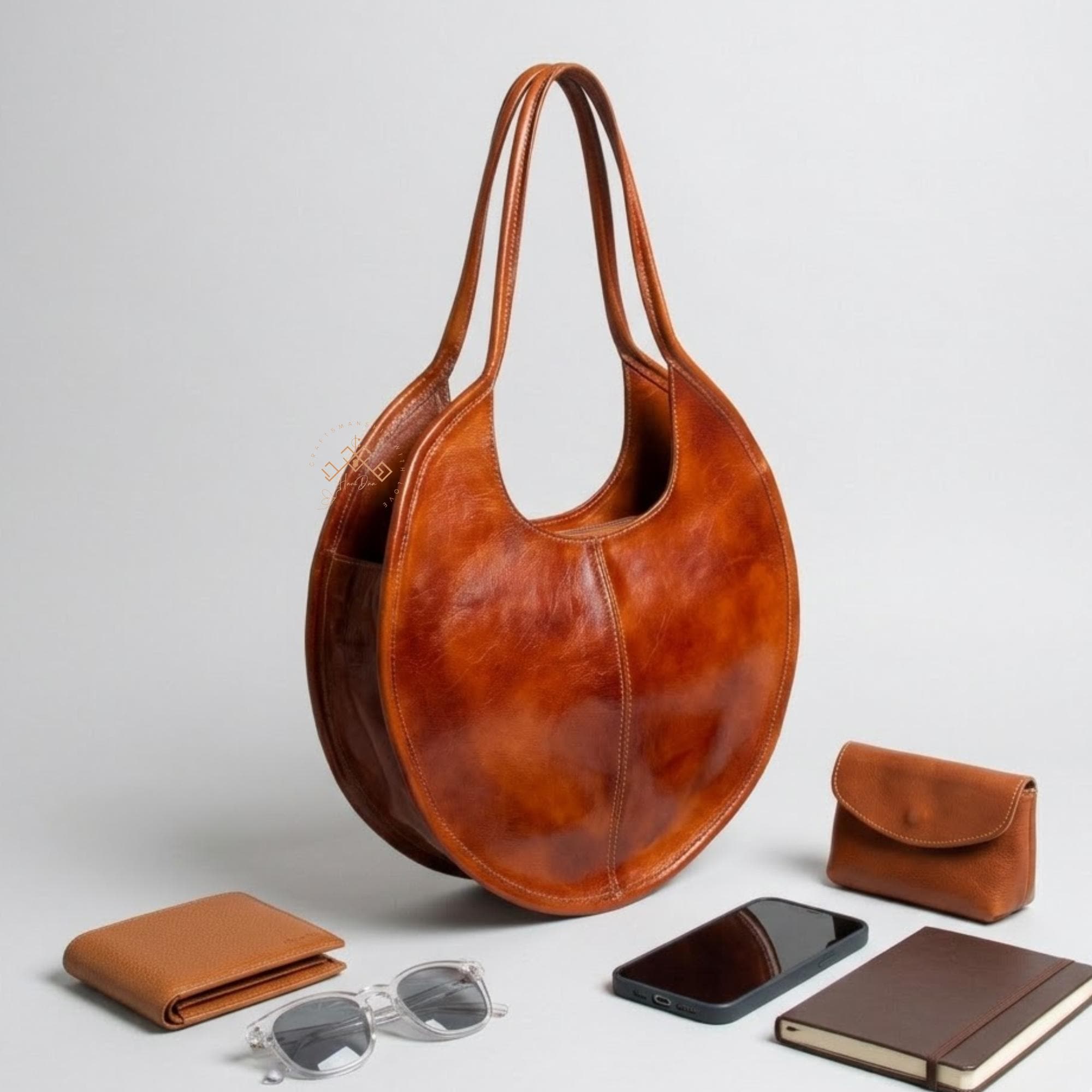 Personalized Soft Large Round Leather Shoulder Bag, Circle Handbag