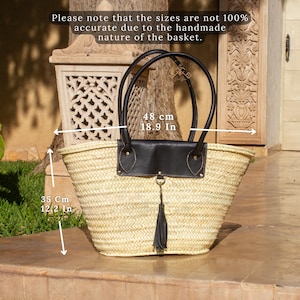 Moroccan Woven Palm Leaves Basket Bag With Leather Handles - Black ...