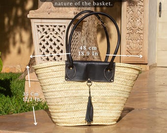 Moroccan Woven Palm Leaves Basket Bag with Leather Handles Black Straw  Tote, Handmade Beach Bag