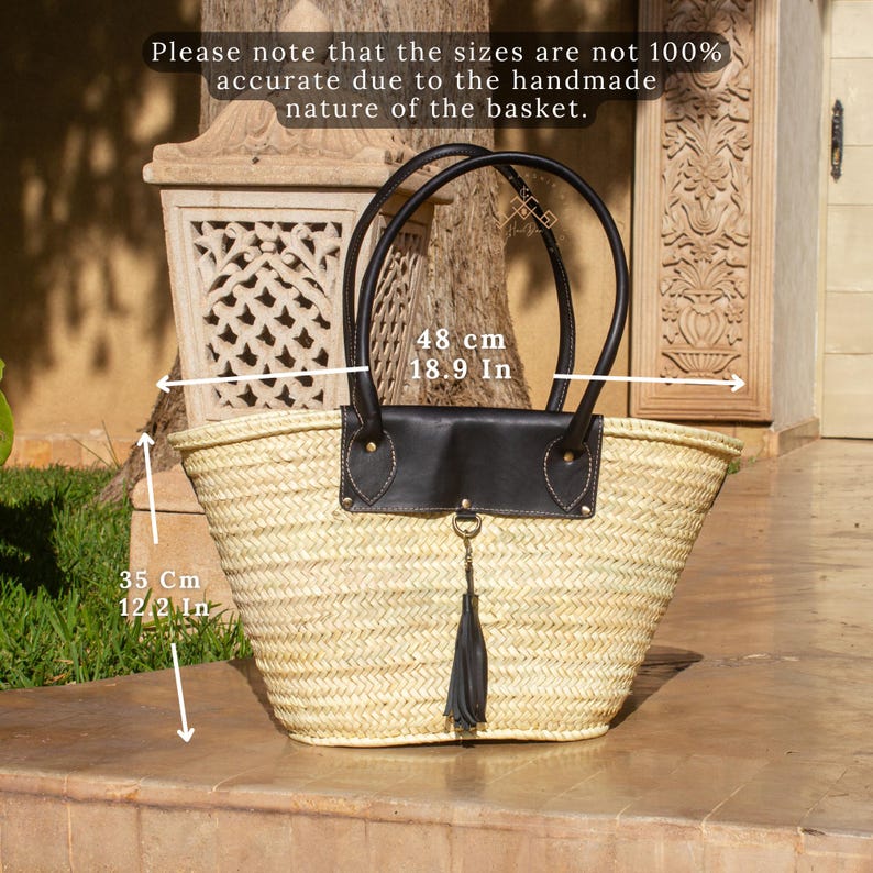Moroccan Woven Palm Leaves Basket Bag With Leather Handles - Black ...