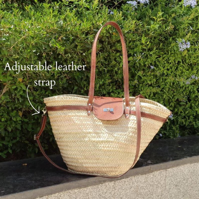 handmade large straw french baskets with leather straps, straw basket bag with leather handles, woven palm leaves basket with black handle image 8