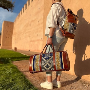 Handcrafted Moroccan Kilim Leather Travel Weekend Bag | Shoulder kilim leather bag | Roll top kilim leather backpack, gift for her