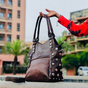 Personalized Studded leather handbag, Shoulder Bag with Rivets, Polka dot Studded leather tote bag, luxurious tote bag, gift for her image 3