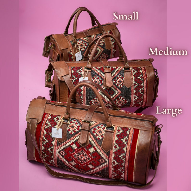 Kilim duffle travel bag, Moroccan Leather Kilim duffle Bag, Unisex Kilim Weekender Bag, Carpet leather Weekend duffel bag for women & men image 8