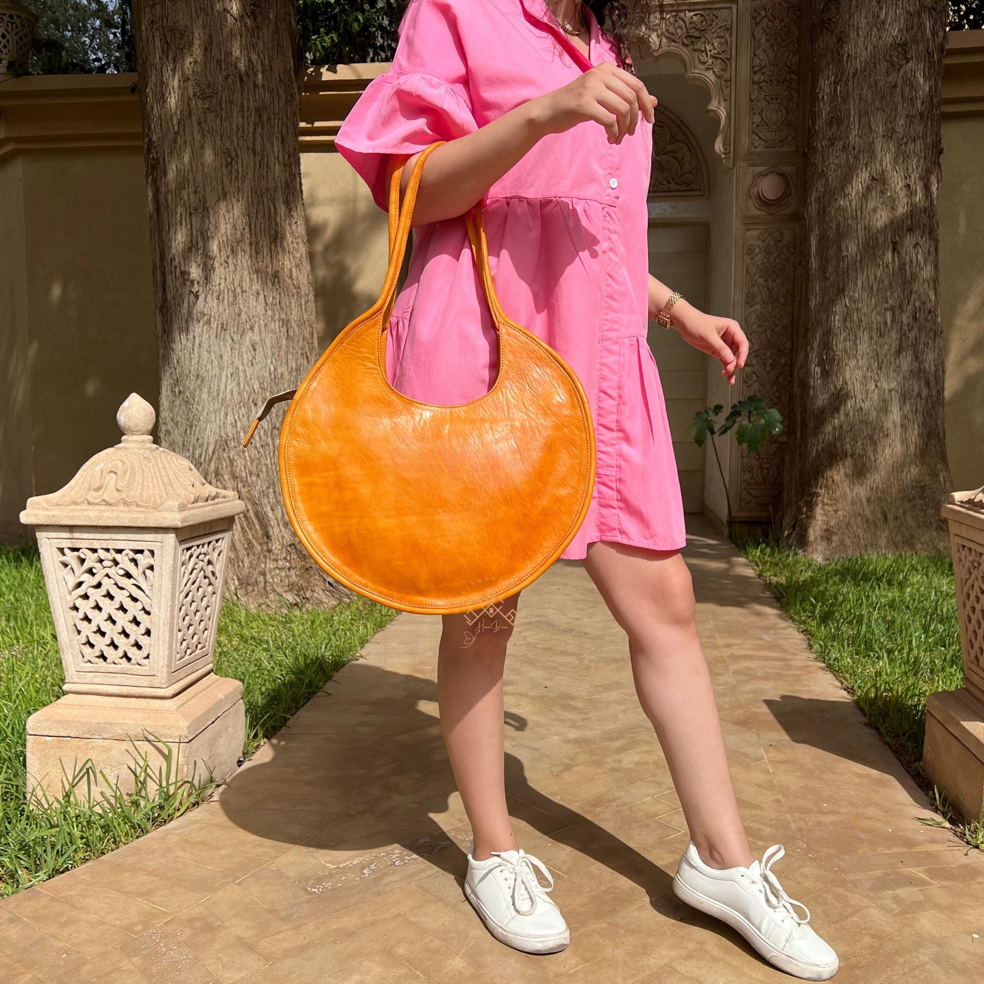 Personalized Soft Large Round Leather Shoulder Bag, Circle Handbag