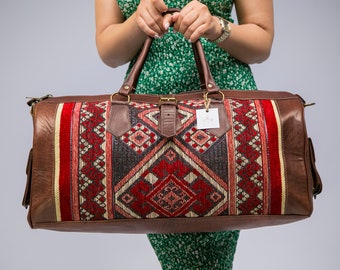 kilim travel bag, kilim bag, kilim leather travel bag, Carpet leather Weekend duffel bag for women & men, Kilim Weekender Bag, weekend bag,