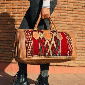 kilim travel bag, kilim bag, kilim leather travel bag, Carpet leather Weekend duffel bag for women & men, Kilim Weekender Bag, weekend bag,