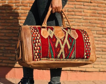 kilim travel bag, kilim bag, kilim leather travel bag, Carpet leather Weekend duffel bag for women & men, Kilim Weekender Bag, weekend bag,