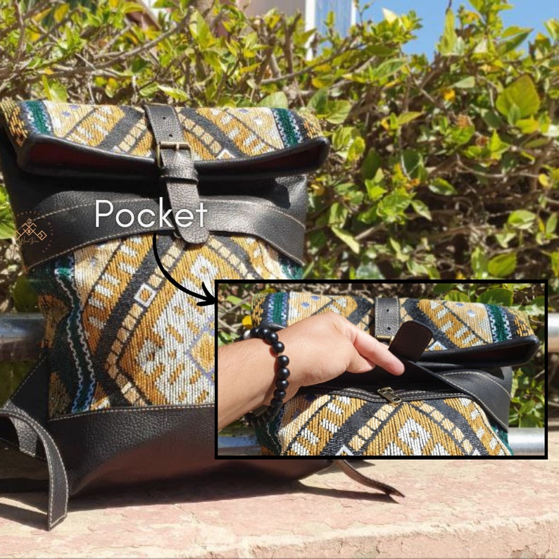 Moroccan Kilim Handcrafted backpacks, leather backpack, bohemian backpack, boho travel backpack, hippie backpacks, western backpack image 4