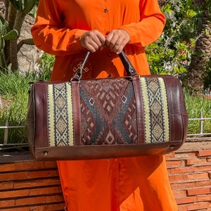 Moroccan kilm Travel Bag, Carpet Leather Duffel Bag, western duffel bag, Handmade Travel weekend bag, Overnight rug Bag, gift for her image 10