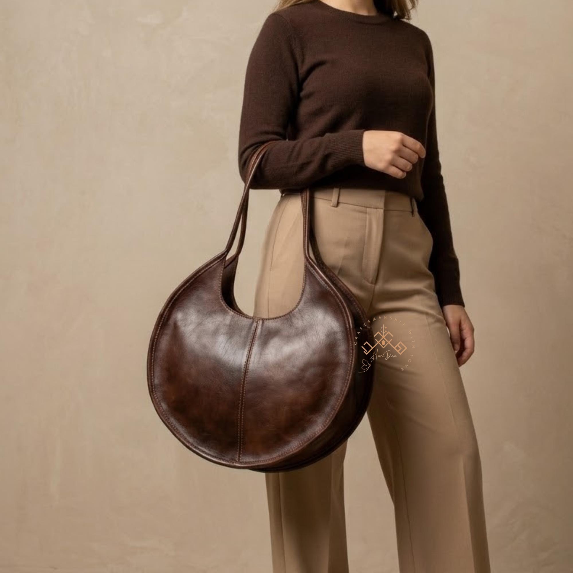 Oversized Round Leather Tote – Handmade Moroccan Bag – Large