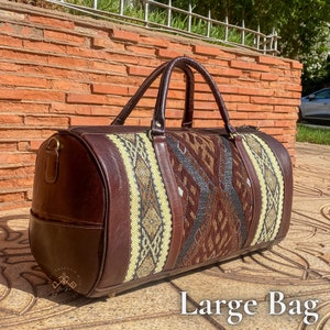Cylindrical style kilim bag, Kilim Travel Bag, carpet Leather Travel Bag, tapestry weekend bag, Women's Overnight Bag, kilim travel handbag image 9
